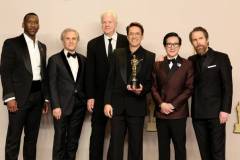 HOLLYWOOD, CALIFORNIA - MARCH 10: (L-R) Mahershala Ali, Christoph Waltz, Tim Robbins, Robert Downey Jr., winner of the Best Actor in a Supporting Role award for ?Oppenheimer?, Ke Huy Quan, and Sam Rockwell pose in the press room during the 96th Annual Academy Awards at Ovation Hollywood on March 10, 2024 in Hollywood, California. (Photo by Arturo Holmes/Getty Images)