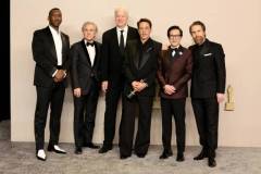 HOLLYWOOD, CALIFORNIA - MARCH 10: (L-R) Mahershala Ali, Christoph Waltz, Tim Robbins, Robert Downey Jr., winner of the Best Actor in a Supporting Role award for ?Oppenheimer?, Ke Huy Quan, and Sam Rockwell pose in the press room during the 96th Annual Academy Awards at Ovation Hollywood on March 10, 2024 in Hollywood, California. (Photo by Arturo Holmes/Getty Images)