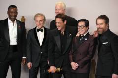 HOLLYWOOD, CALIFORNIA - MARCH 10: (L-R) Mahershala Ali, Christoph Waltz, Tim Robbins, Robert Downey Jr., winner of the Best Actor in a Supporting Role award for ?Oppenheimer?, Ke Huy Quan, and Sam Rockwell pose in the press room during the 96th Annual Academy Awards at Ovation Hollywood on March 10, 2024 in Hollywood, California. (Photo by Jeff Kravitz/FilmMagic)