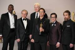 HOLLYWOOD, CALIFORNIA - MARCH 10: (L-R) Mahershala Ali, Christoph Waltz, Tim Robbins, Robert Downey Jr., winner of the Best Actor in a Supporting Role award for ?Oppenheimer?, Ke Huy Quan, and Sam Rockwell pose in the press room during the 96th Annual Academy Awards at Ovation Hollywood on March 10, 2024 in Hollywood, California. (Photo by Jeff Kravitz/FilmMagic)