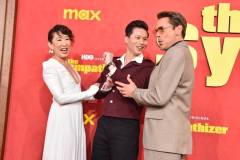 Sandra Oh, Hoa Xuande and Robert Downey Jr. at the Los Angeles premiere of "The Sympathizer" held at the Paramount Theatre on April 9, 2024 in Los Angeles, California. (Photo by Gregg DeGuire/Variety via Getty Images)