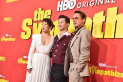 Sandra Oh, Hoa Xuande and Robert Downey Jr. at the Los Angeles premiere of "The Sympathizer" held at the Paramount Theatre on April 9, 2024 in Los Angeles, California. (Photo by Gregg DeGuire/Variety via Getty Images)
