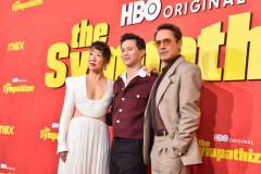 Sandra Oh, Hoa Xuande and Robert Downey Jr. at the Los Angeles premiere of "The Sympathizer" held at the Paramount Theatre on April 9, 2024 in Los Angeles, California. (Photo by Gregg DeGuire/Variety via Getty Images)