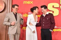 Robert Downey Jr., Sandra Oh and Hoa Xuande at the Los Angeles premiere of "The Sympathizer" held at the Paramount Theatre on April 9, 2024 in Los Angeles, California. (Photo by Gregg DeGuire/Variety via Getty Images)