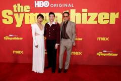 LOS ANGELES, CALIFORNIA - APRIL 09: (L-R) Sandra Oh, Hoa Xuande and Robert Downey Jr. attend the Los Angeles Premiere of HBO Original Limited Series "The Sympathizer" at The Paramount LA on April 09, 2024 in Los Angeles, California. (Photo by Amy Sussman/WireImage)