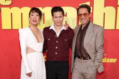 LOS ANGELES, CALIFORNIA - APRIL 09: (L-R) Sandra Oh, Hoa Xuande and Robert Downey Jr. attend the Los Angeles Premiere of HBO Original Limited Series "The Sympathizer" at The Paramount LA on April 09, 2024 in Los Angeles, California. (Photo by Amy Sussman/WireImage)