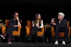 LOS ANGELES, CALIFORNIA - APRIL 10: (L-R) Robert Downey Jr., Susan Downey, and Niv Fichman appear onstage during HBO's "The Sympathizer" FYC Event at Paramount Theater on April 10, 2024 in Los Angeles, California.  (Photo by FilmMagic/FilmMagic for HBO)