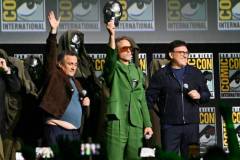 Joe Russo, Robert Downey Jr. and Anthony Russo at the "Marvel Studios" Panel at the 2024 San Diego International Comic-Con on July 27, 2024 in San Diego, California.  (Photo by Michael Buckner/Variety via Getty Images)