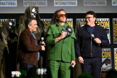 Joe Russo, Robert Downey Jr. and Anthony Russo at the "Marvel Studios" Panel at the 2024 San Diego International Comic-Con on July 27, 2024 in San Diego, California.  (Photo by Michael Buckner/Variety via Getty Images)