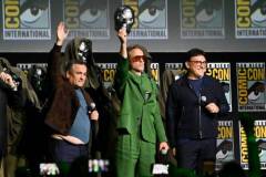 Joe Russo, Robert Downey Jr. and Anthony Russo at the "Marvel Studios" Panel at the 2024 San Diego International Comic-Con on July 27, 2024 in San Diego, California.  (Photo by Michael Buckner/Variety via Getty Images)