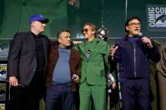 SAN DIEGO, CALIFORNIA - JULY 27: (L-R) Kevin Feige, President, Marvel Studios, Joe Russo, Robert Downey Jr. and Anthony Russo speak onstage during the Marvel Studios Panel in Hall H at SDCC in San Diego, California on July 27, 2024. (Photo by Jesse Grant/Getty Images for Disney)