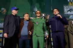 SAN DIEGO, CALIFORNIA - JULY 27: (L-R) Kevin Feige, President, Marvel Studios, Joe Russo, Robert Downey Jr. and Anthony Russo speak onstage during the Marvel Studios Panel in Hall H at SDCC in San Diego, California on July 27, 2024. (Photo by Jesse Grant/Getty Images for Disney)