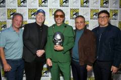 SAN DIEGO, CALIFORNIA - JULY 27: (L-R) Louis D'Esposito, Co-President, Marvel Studios, Kevin Feige, President, Marvel Studios, Robert Downey Jr., Joe Russo and Anthony Russo attend the Marvel Studios Panel in Hall H at SDCC in San Diego, California on July 27, 2024. (Photo by Alberto E. Rodriguez/Getty Images for Disney)