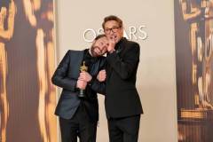 HOLLYWOOD, CALIFORNIA - MARCH 02: (L-R) Kieran Culkin, winner of the Best Actor in a Supporting Role award for "A Real Pain,? and Robert Downey Jr. pose in the press room during the 97th Annual Oscars at Ovation Hollywood on March 02, 2025 in Hollywood, California. (Photo by Maya Dehlin Spach/Getty Images)