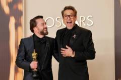 HOLLYWOOD, CALIFORNIA - MARCH 02: (L-R) Kieran Culkin, winner of the Best Actor in a Supporting Role award for "A Real Pain,? and Robert Downey Jr. pose in the press room during the 97th Annual Oscars at Ovation Hollywood on March 02, 2025 in Hollywood, California. (Photo by Maya Dehlin Spach/Getty Images)