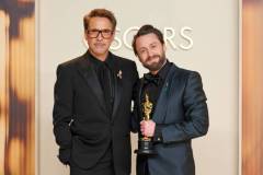 HOLLYWOOD, CALIFORNIA - MARCH 02: Kieran Culkin (R), winner of the Best Actor In A Supporting Role for ?A Real Pain?, and Robert Downey Jr. (L) pose in the press room during the 97th Annual Oscars at Ovation Hollywood on March 02, 2025 in Hollywood, California. (Photo by Mike Coppola/Getty Images)