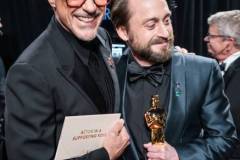HOLLYWOOD, CALIFORNIA - MARCH 02: (EDITORIAL ONLY, NO BOOK COVERS) (L-R) Robert Downey Jr. and Kieran Culkin are seen backstage during the 97th Annual Oscars at Dolby Theatre on March 02, 2025 in Hollywood, California. (Photo by John Shearer/97th Oscars/The Academy via Getty Images)