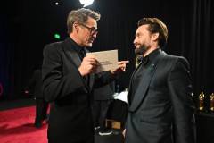 HOLLYWOOD, CALIFORNIA - MARCH 02:  In this handout photo provided by The Academy, Robert Downey and Kieran Culkin are seen backstage during the 97th Annual Oscars at Dolby Theatre on March 02, 2025 in Hollywood, California.  (Photo by Richard Harbaugh/The Academy via Getty Images)
