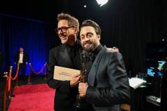 HOLLYWOOD, CALIFORNIA - MARCH 02:  In this handout photo provided by The Academy, Robert Downey and Kieran Culkin are seen backstage during the 97th Annual Oscars at Dolby Theatre on March 02, 2025 in Hollywood, California.  (Photo by Richard Harbaugh/The Academy via Getty Images)