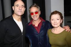 NEW YORK, NEW YORK - DECEMBER 18: (EXCLUSIVE COVERAGE) (L-R) Mark Strong, Robert Downey Jr. and Lesley Manville pose backstage at the play "Oedipus" on Broadway at Studio 54 Theater on December 18, 2025 in New York City.  (Photo by Bruce Glikas/WireImage)